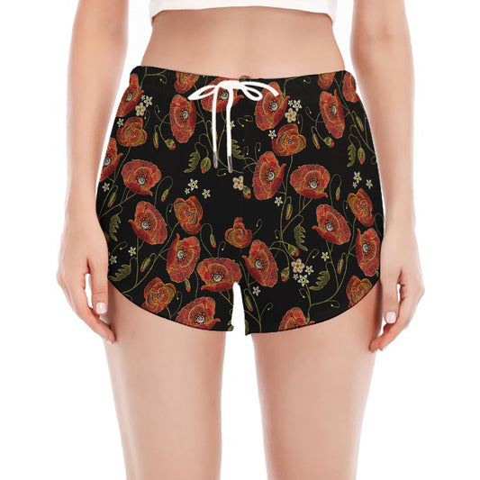 Embroidery Poppy Pattern Print Women's Split Running Shorts