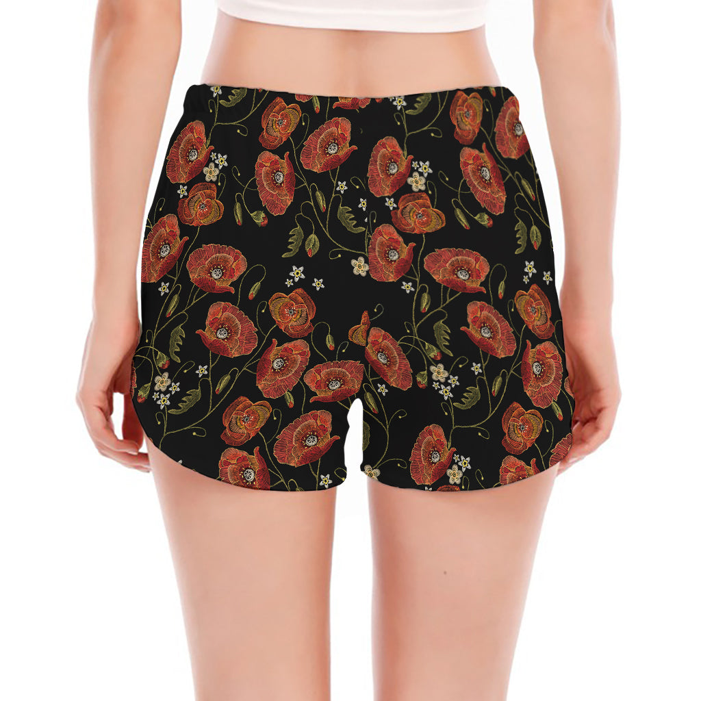 Embroidery Poppy Pattern Print Women's Split Running Shorts