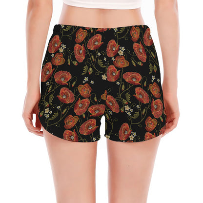 Embroidery Poppy Pattern Print Women's Split Running Shorts