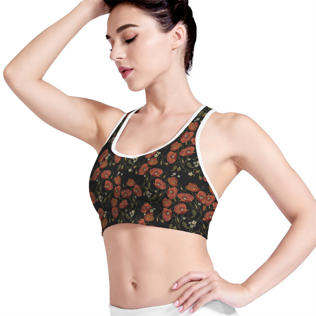 Embroidery Poppy Pattern Print Women's Sports Bra