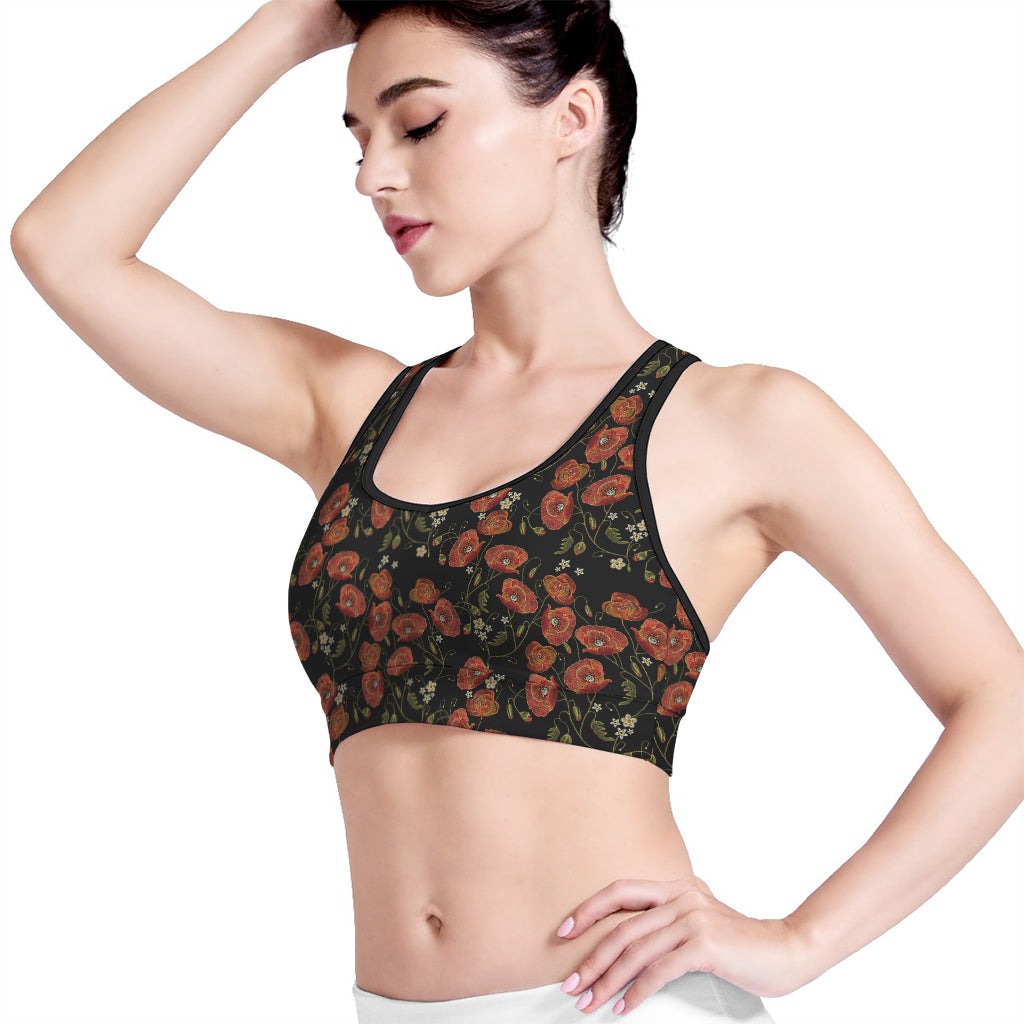 Embroidery Poppy Pattern Print Women's Sports Bra