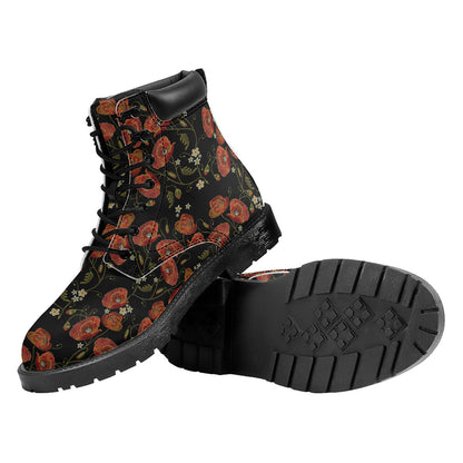 Embroidery Poppy Pattern Print Work Boots