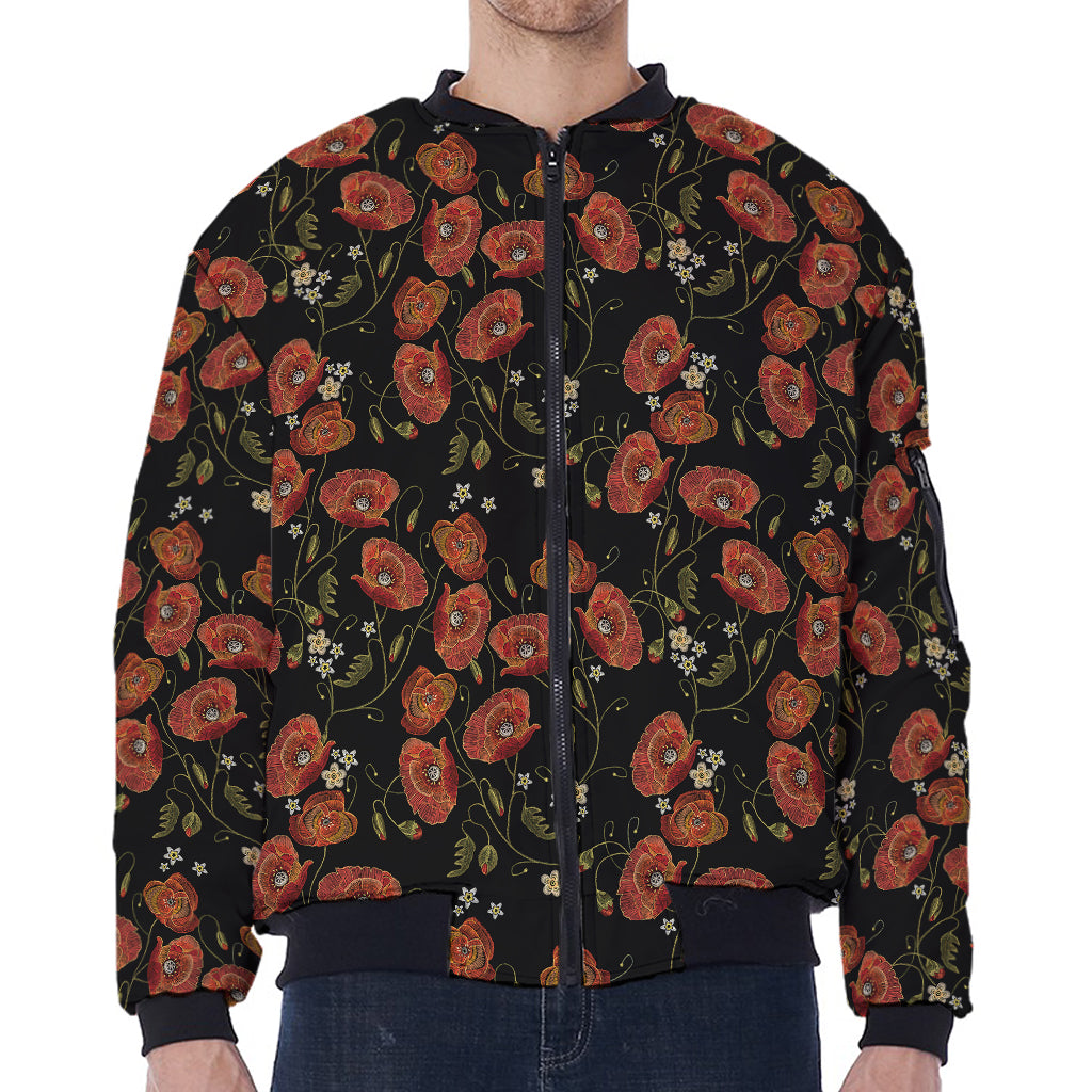 Embroidery Poppy Pattern Print Zip Sleeve Bomber Jacket