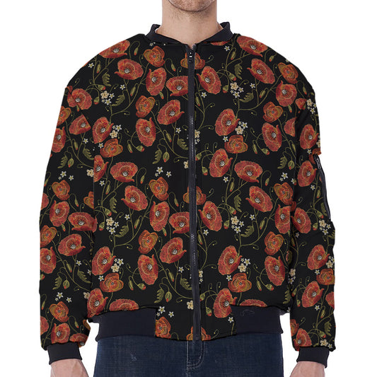 Embroidery Poppy Pattern Print Zip Sleeve Bomber Jacket