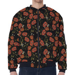 Embroidery Poppy Pattern Print Zip Sleeve Bomber Jacket
