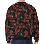 Embroidery Poppy Pattern Print Zip Sleeve Bomber Jacket