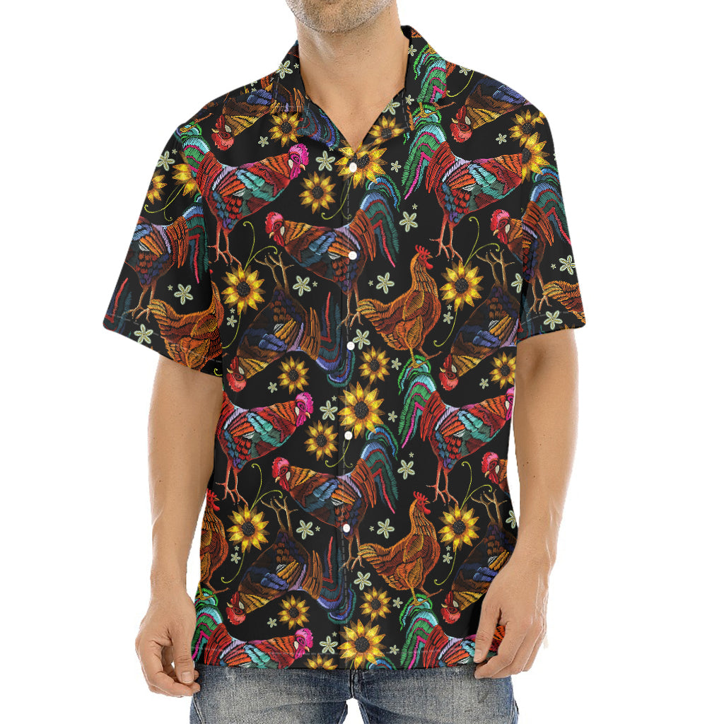 Embroidery Rooster Pattern Print Aloha Shirt