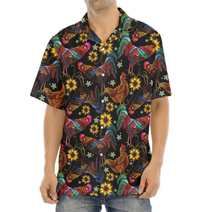 Embroidery Rooster Pattern Print Aloha Shirt