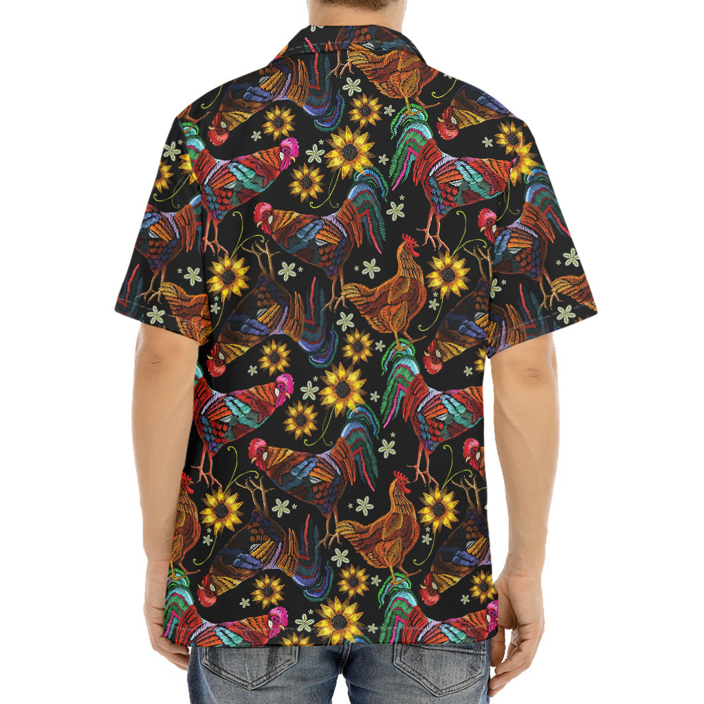 Embroidery Rooster Pattern Print Aloha Shirt