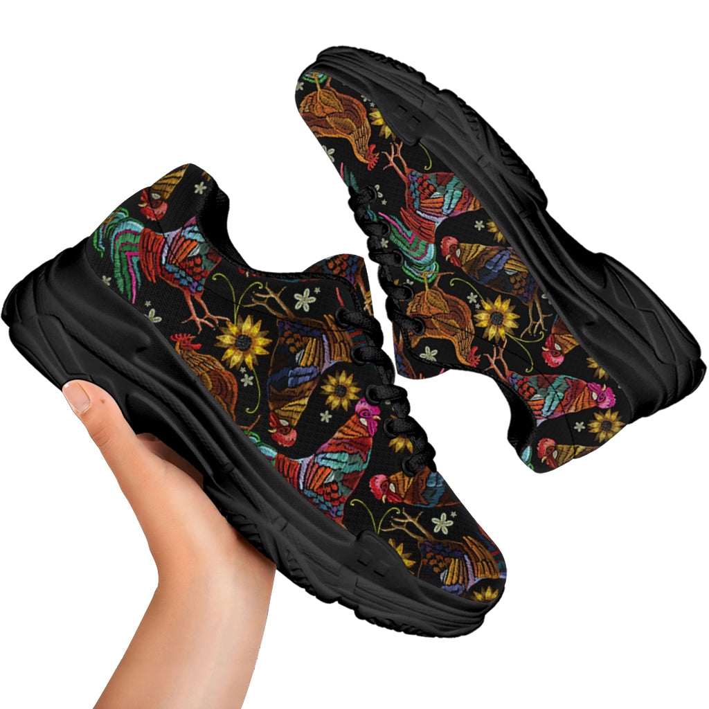 Embroidery Rooster Pattern Print Black Chunky Shoes