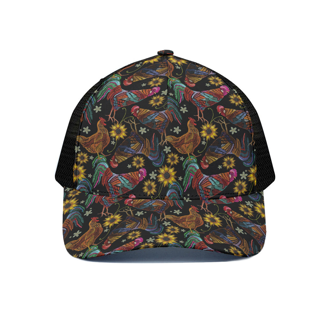 Embroidery Rooster Pattern Print Black Mesh Trucker Cap