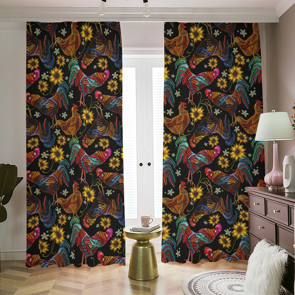 Embroidery Rooster Pattern Print Blackout Pencil Pleat Curtains