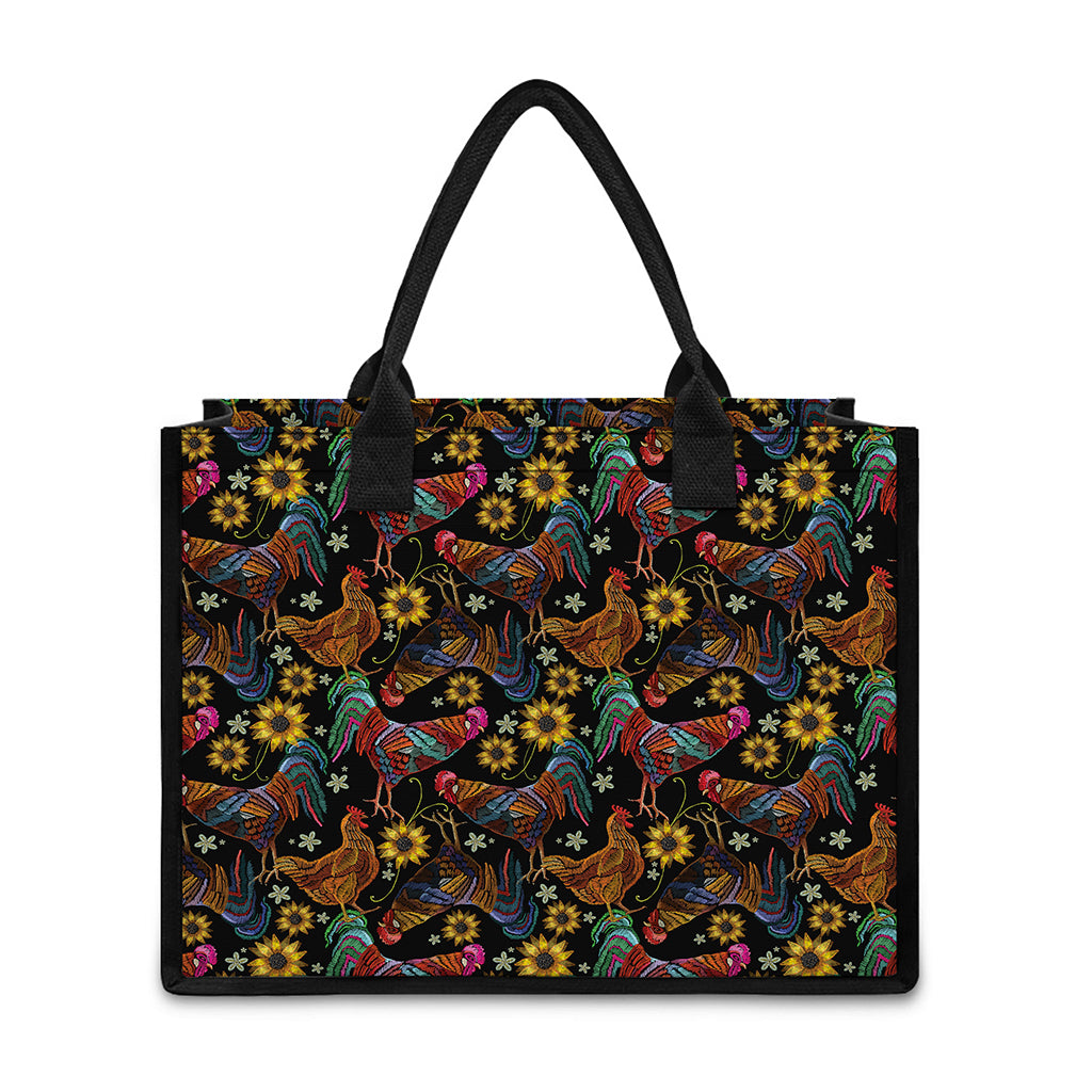 Embroidery Rooster Pattern Print Canvas Tote Bag