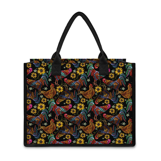 Embroidery Rooster Pattern Print Canvas Tote Bag