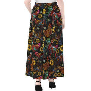 Embroidery Rooster Pattern Print Chiffon Maxi Skirt