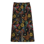 Embroidery Rooster Pattern Print Cotton Front Slit Maxi Skirt