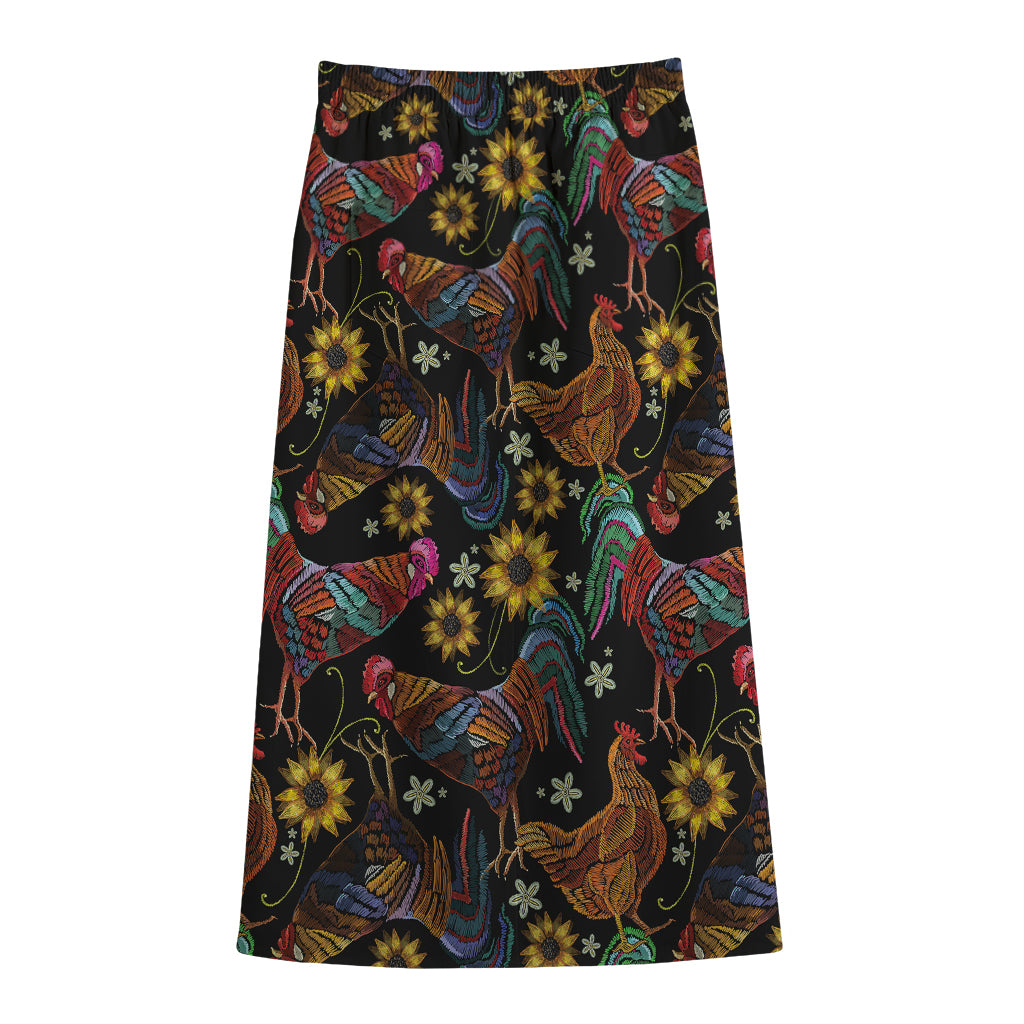 Embroidery Rooster Pattern Print Cotton Front Slit Maxi Skirt