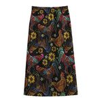 Embroidery Rooster Pattern Print Cotton Front Slit Maxi Skirt