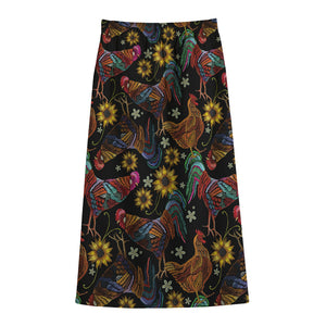 Embroidery Rooster Pattern Print Cotton Front Slit Maxi Skirt