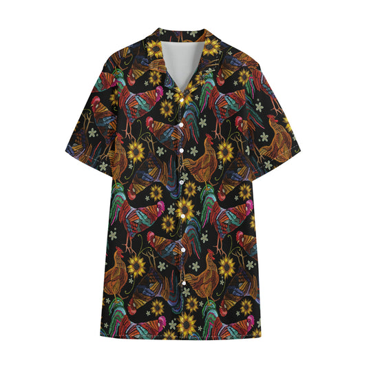 Embroidery Rooster Pattern Print Cotton Hawaiian Shirt