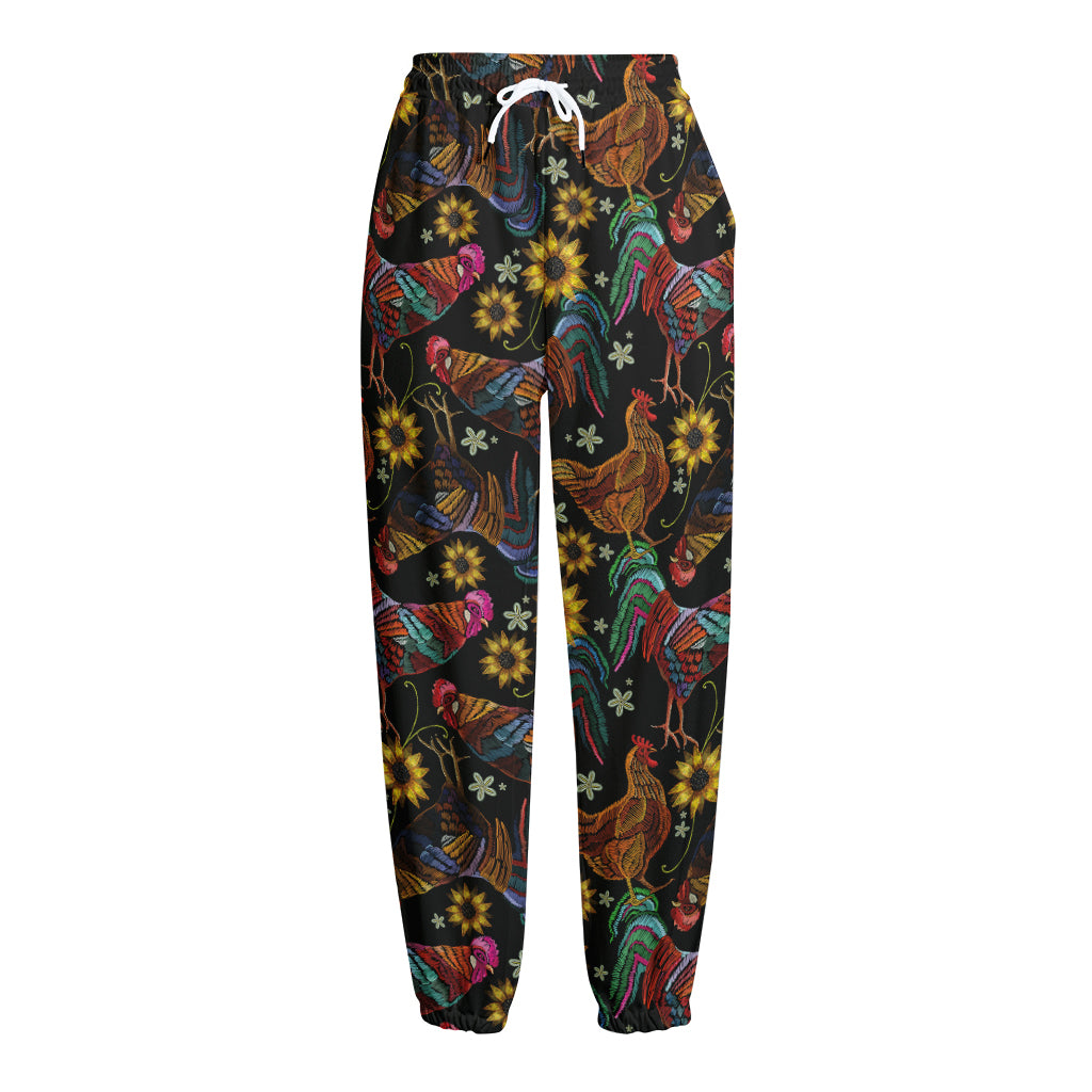 Embroidery Rooster Pattern Print Fleece Lined Knit Pants