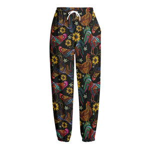 Embroidery Rooster Pattern Print Fleece Lined Knit Pants