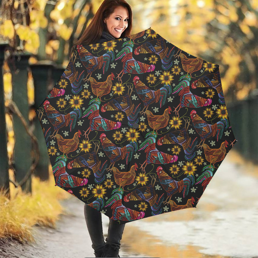 Embroidery Rooster Pattern Print Foldable Umbrella