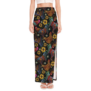 Embroidery Rooster Pattern Print High Slit Maxi Skirt