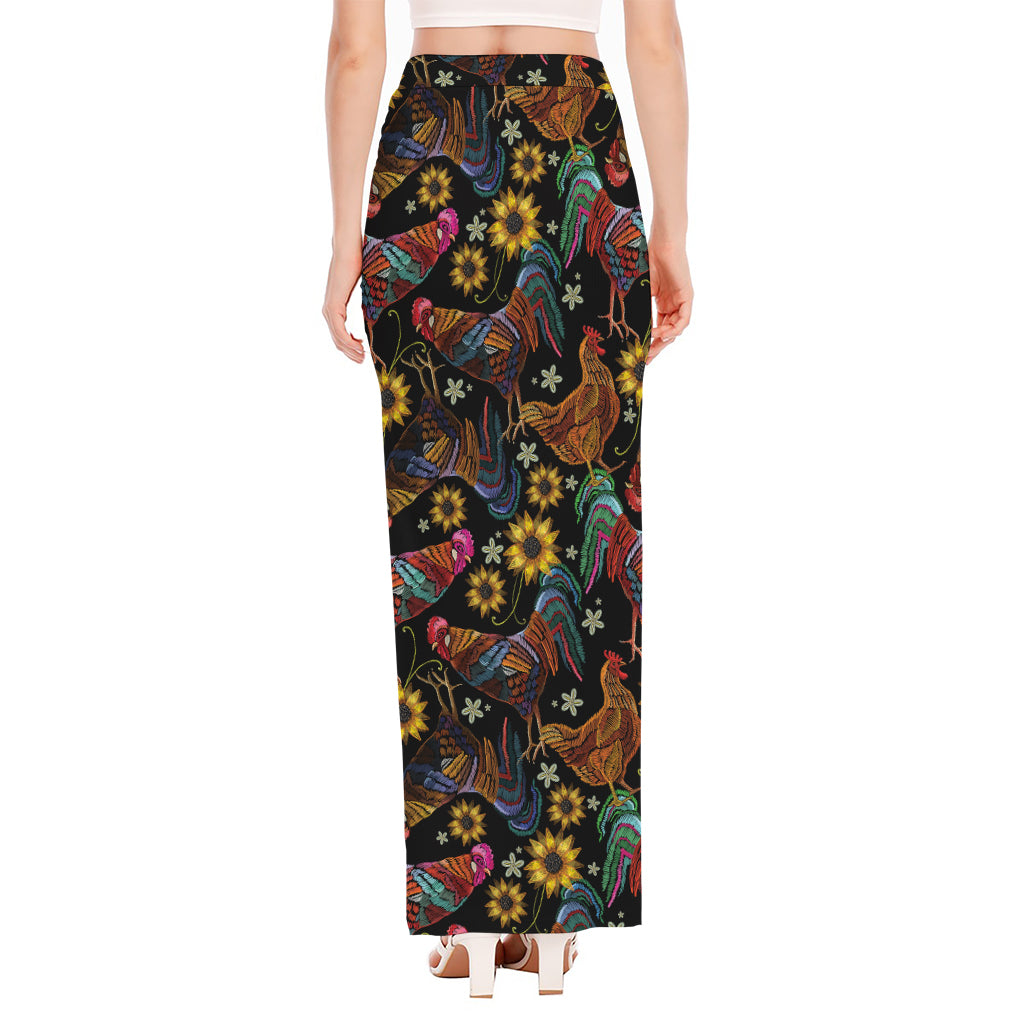 Embroidery Rooster Pattern Print High Slit Maxi Skirt