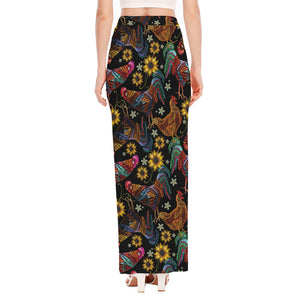 Embroidery Rooster Pattern Print High Slit Maxi Skirt