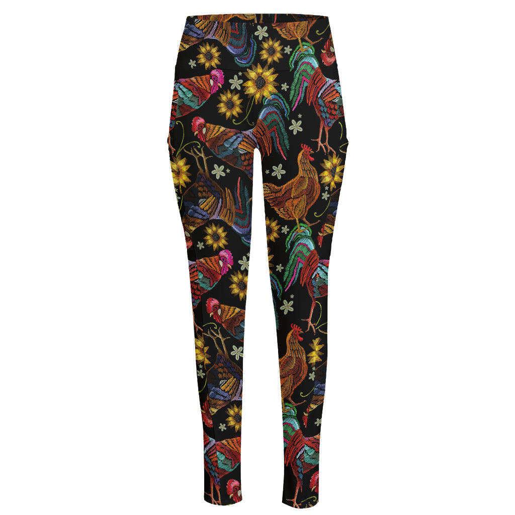 Embroidery Rooster Pattern Print High-Waisted Pocket Leggings