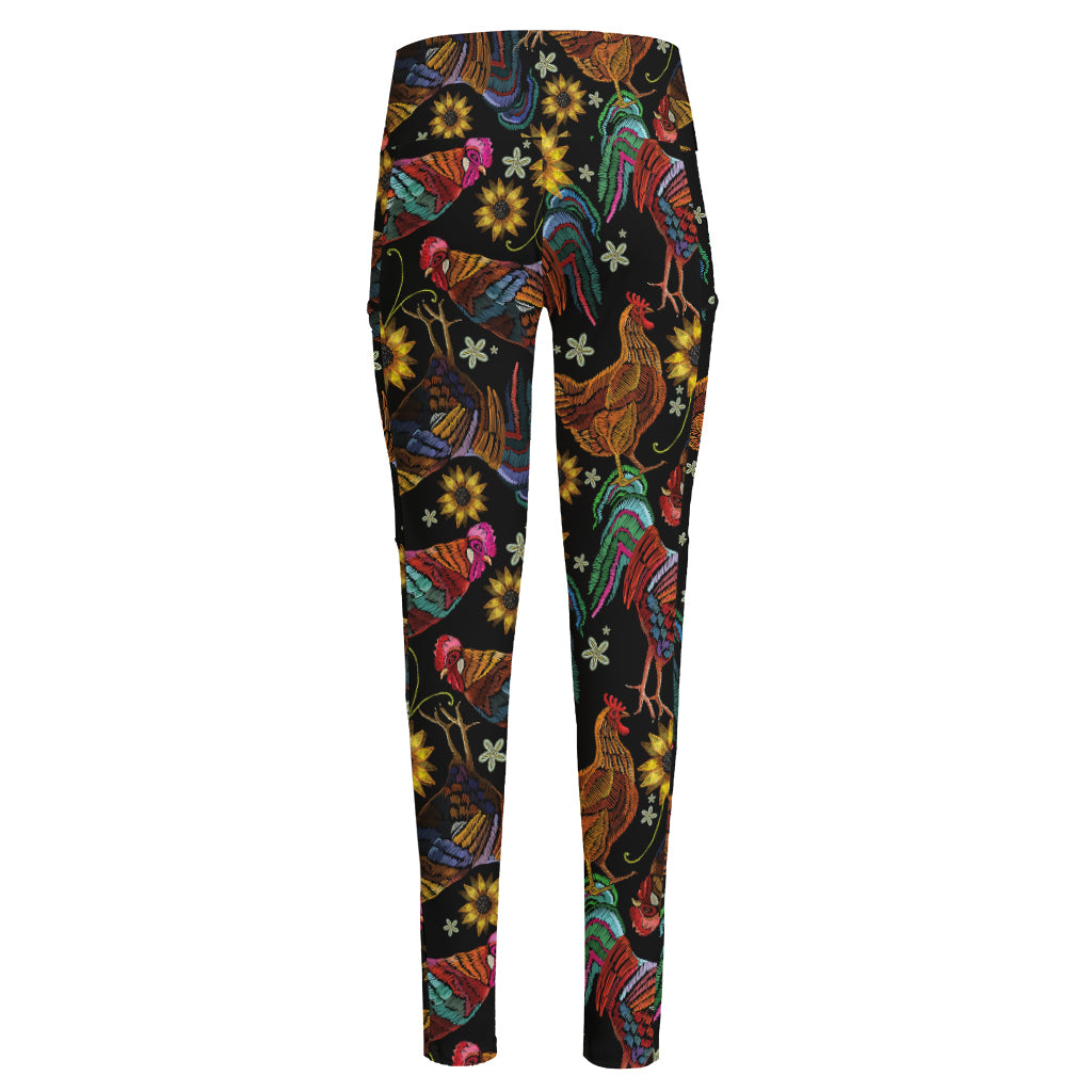 Embroidery Rooster Pattern Print High-Waisted Pocket Leggings