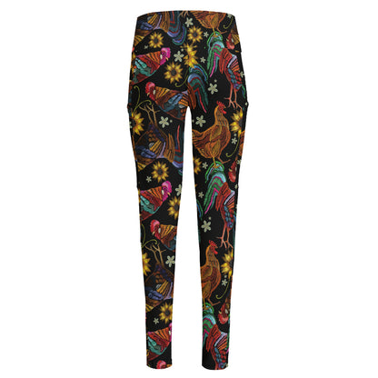 Embroidery Rooster Pattern Print High-Waisted Pocket Leggings