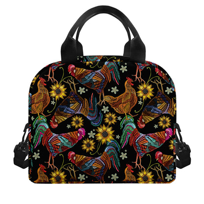 Embroidery Rooster Pattern Print Insulated Lunch Bag