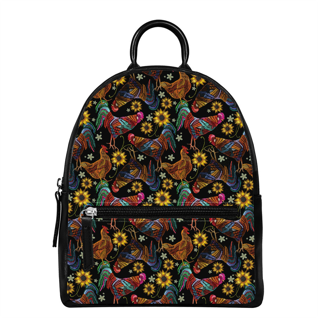 Embroidery Rooster Pattern Print Leather Backpack