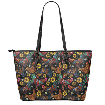 Embroidery Rooster Pattern Print Leather Tote Bag