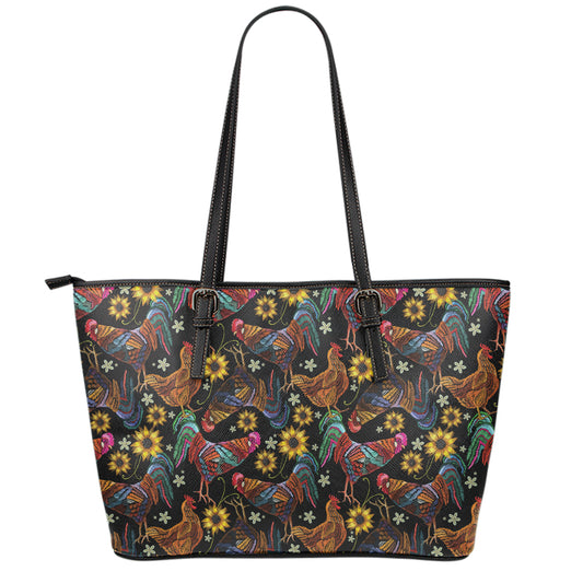 Embroidery Rooster Pattern Print Leather Tote Bag