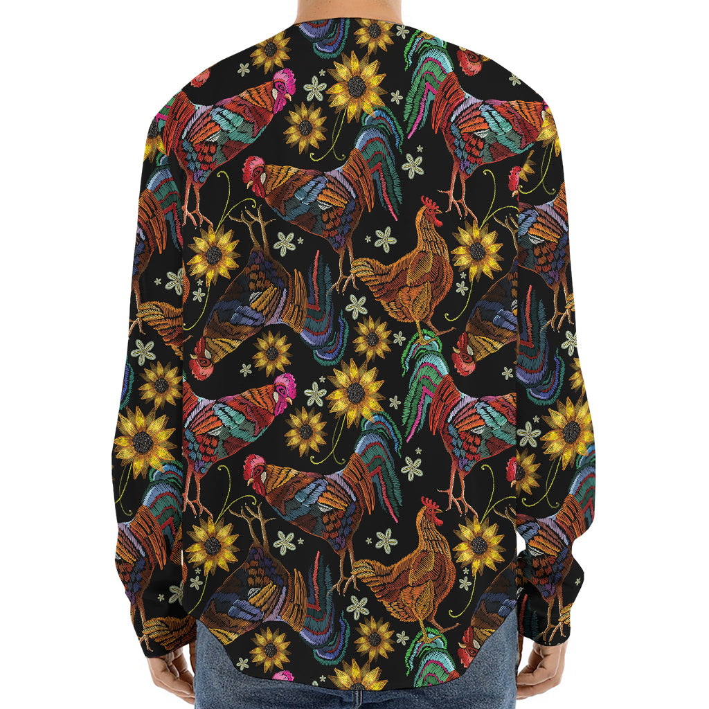 Embroidery Rooster Pattern Print Long Sleeve Baseball Jersey