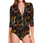 Embroidery Rooster Pattern Print Long Sleeve Swimsuit