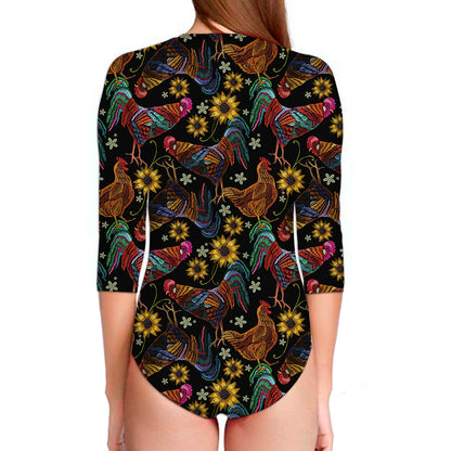 Embroidery Rooster Pattern Print Long Sleeve Swimsuit