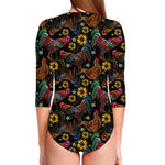 Embroidery Rooster Pattern Print Long Sleeve Swimsuit