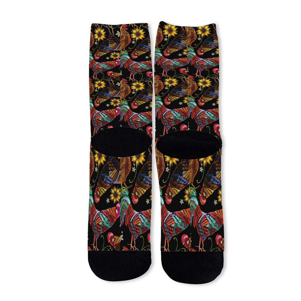 Embroidery Rooster Pattern Print Long Socks