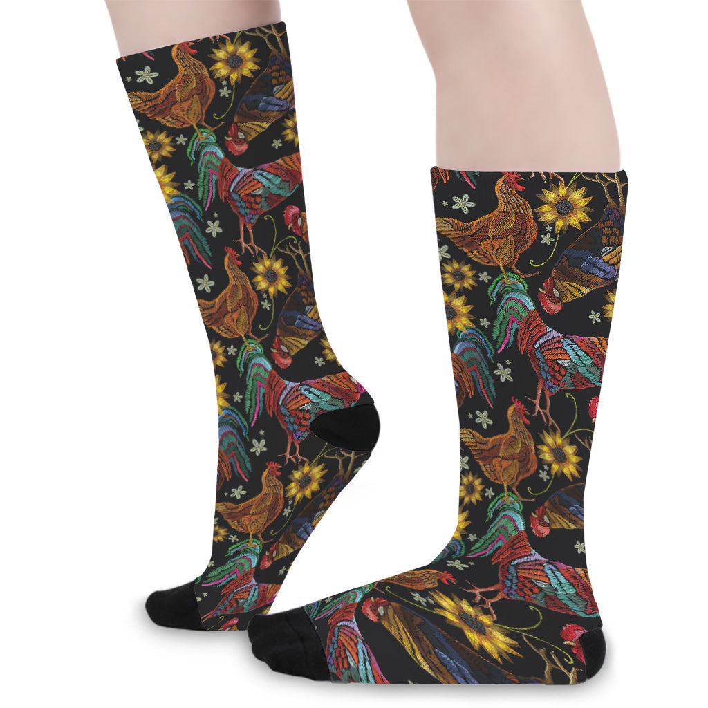 Embroidery Rooster Pattern Print Long Socks