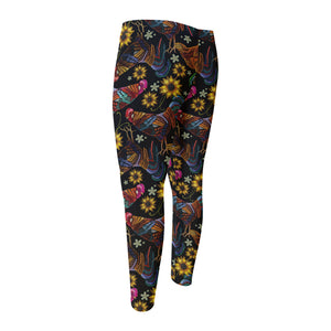 Embroidery Rooster Pattern Print Men's Compression Pants