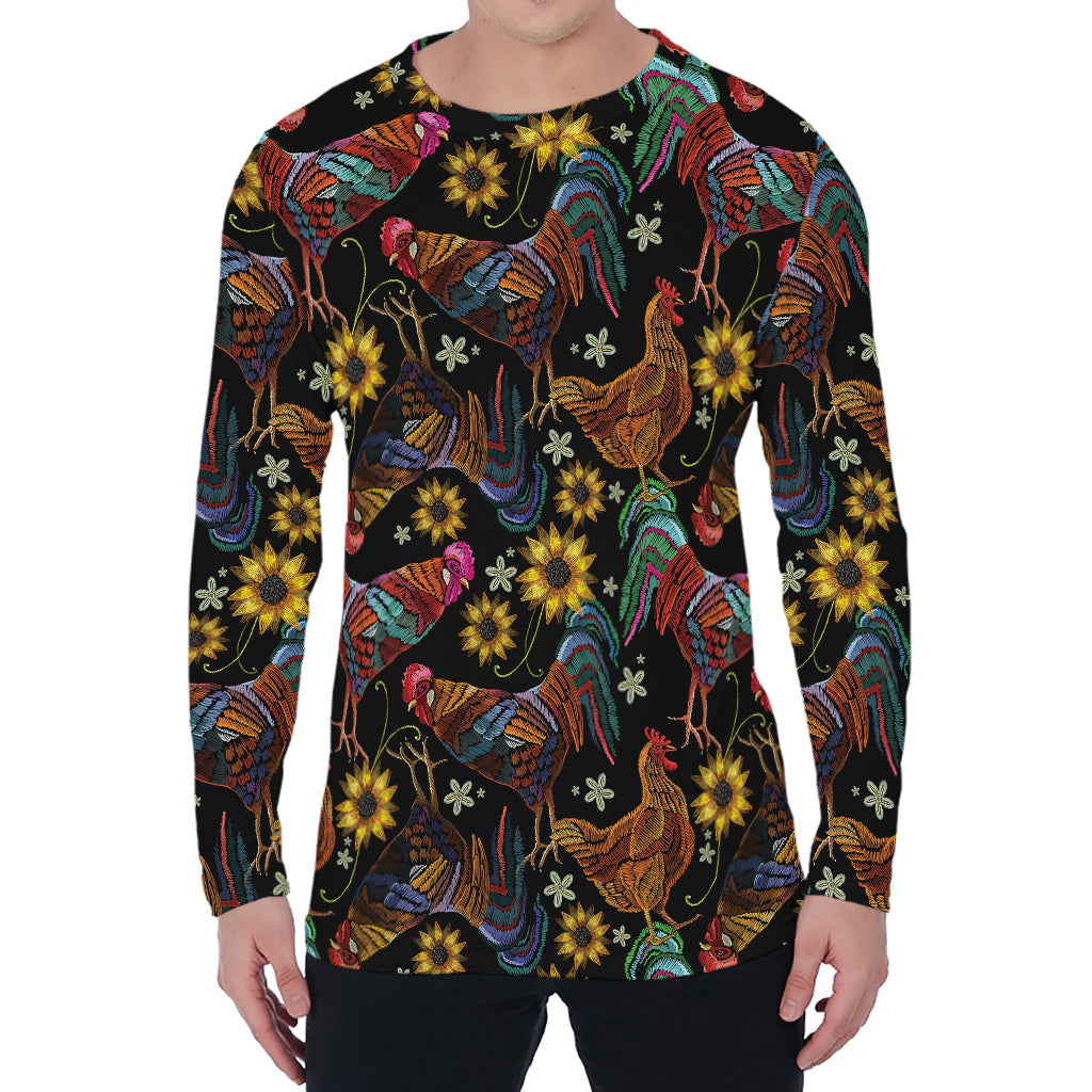 Embroidery Rooster Pattern Print Men's Long Sleeve T-Shirt