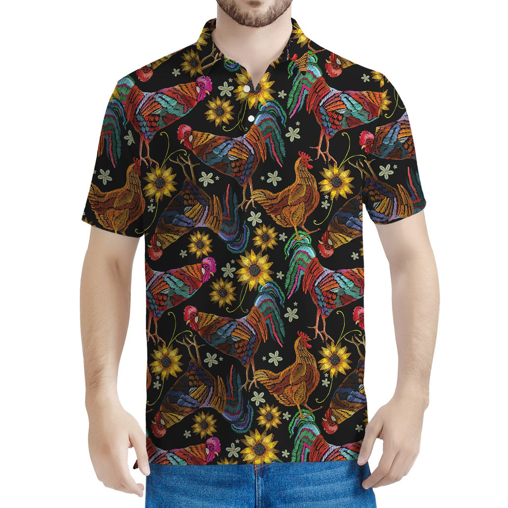 Embroidery Rooster Pattern Print Men's Polo Shirt