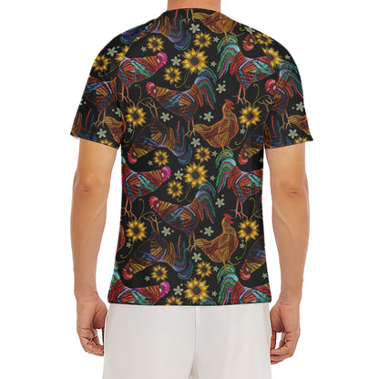 Embroidery Rooster Pattern Print Men's Short Sleeve Rash Guard