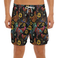 Embroidery Rooster Pattern Print Men's Split Running Shorts