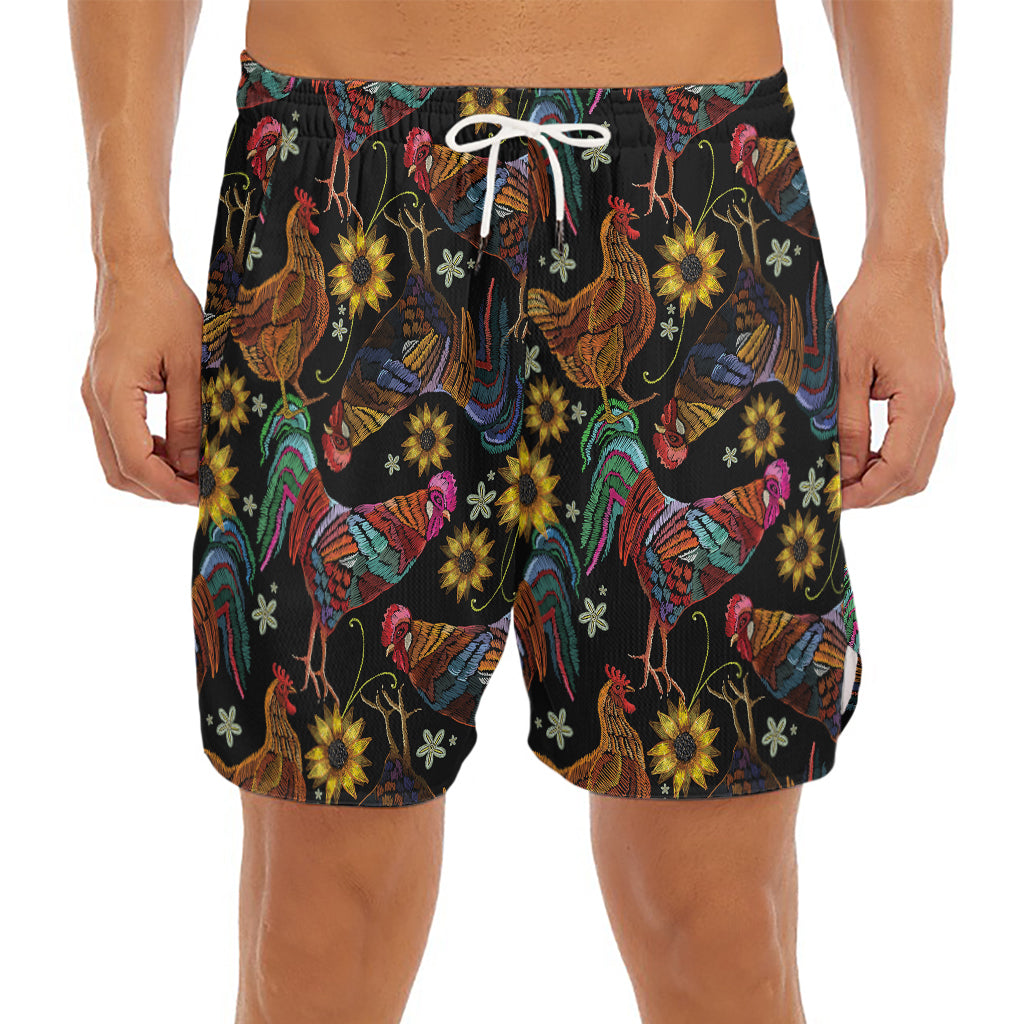Embroidery Rooster Pattern Print Men's Split Running Shorts
