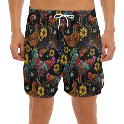 Embroidery Rooster Pattern Print Men's Split Running Shorts